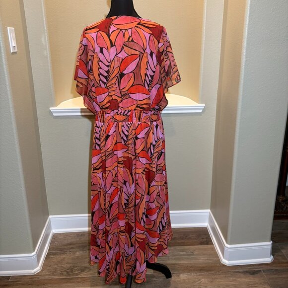 🧡DKNY Red Orange Floral Tropical Flowy Colorful Plunging Neckline Dress Size 14 - Picture 8 of 10